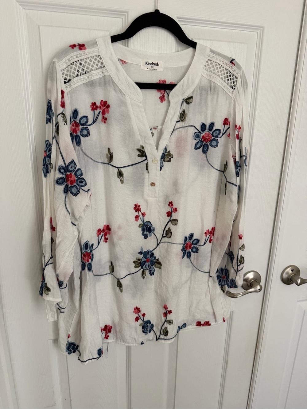 Kindred White Embroidered Floral Tunic with Blue & Red Accents